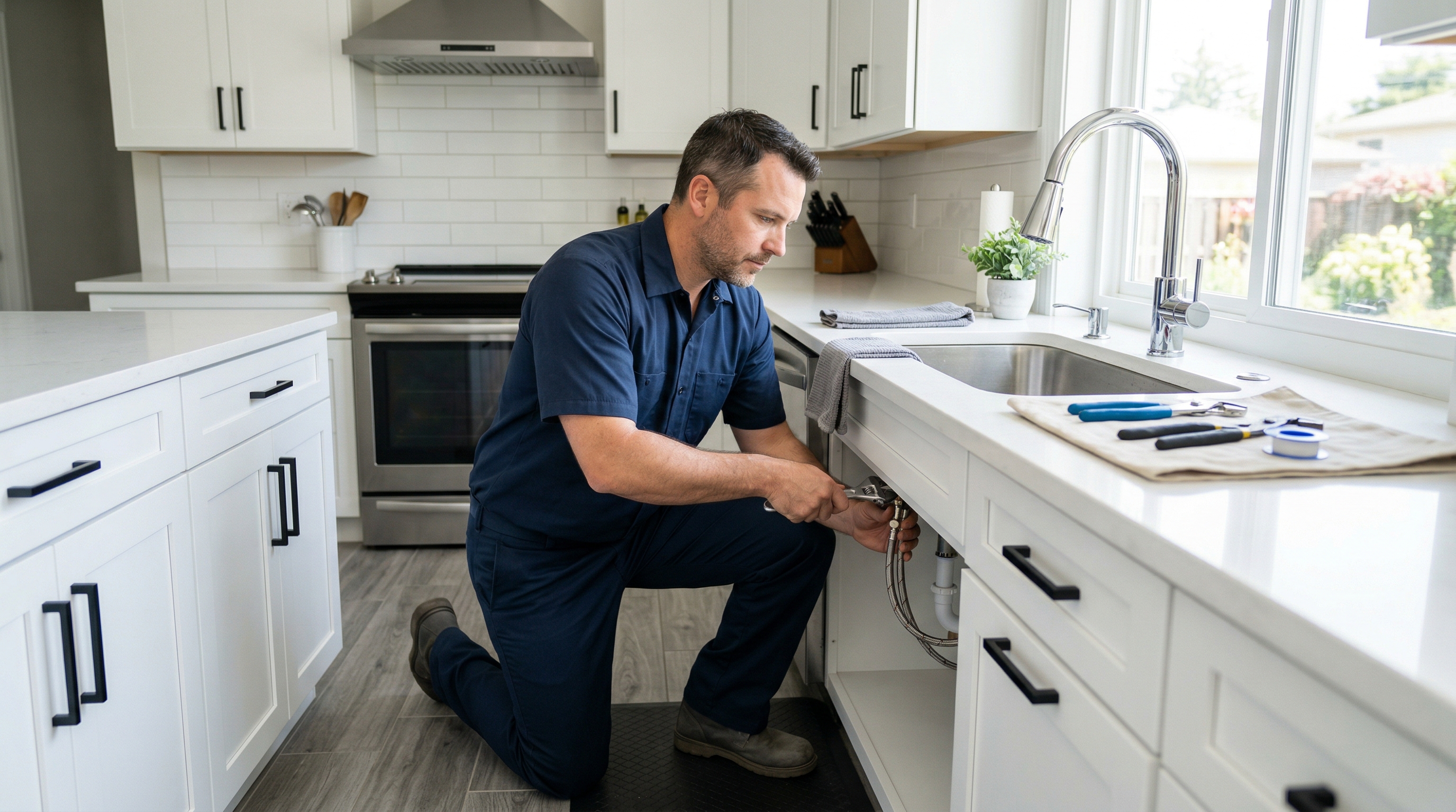 A plumber installing a modern faucet in a renovated kitchen.