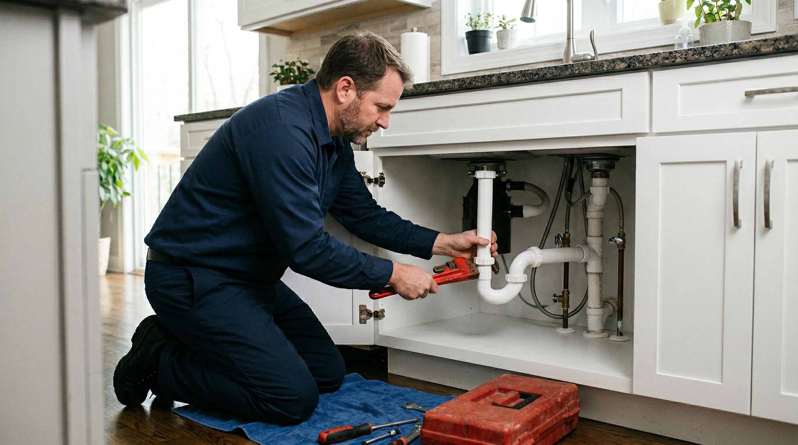 A professional plumber performing emergency pipe repair in a San Diego home.
