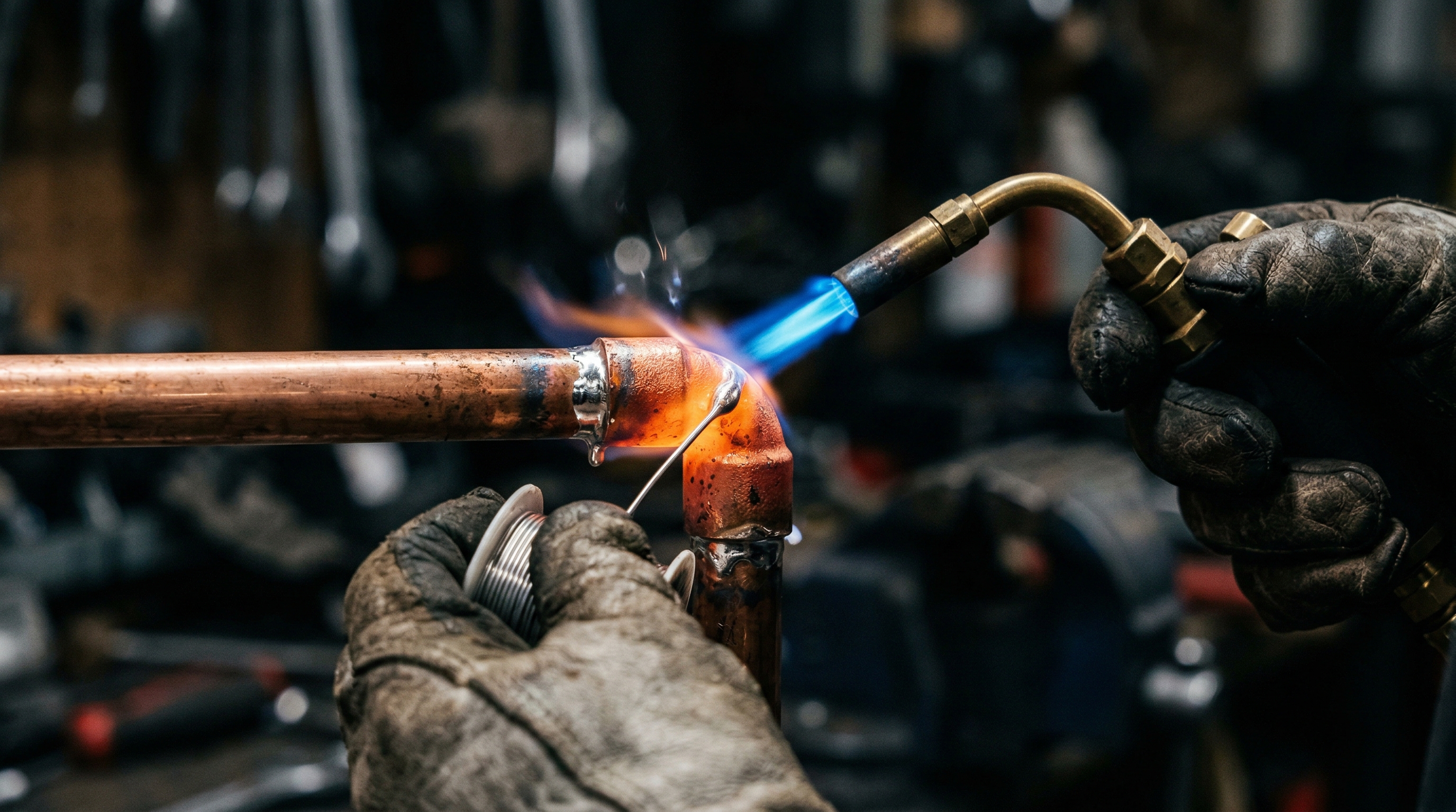 A professional plumber repairing copper pipes in a residential plumbing system.