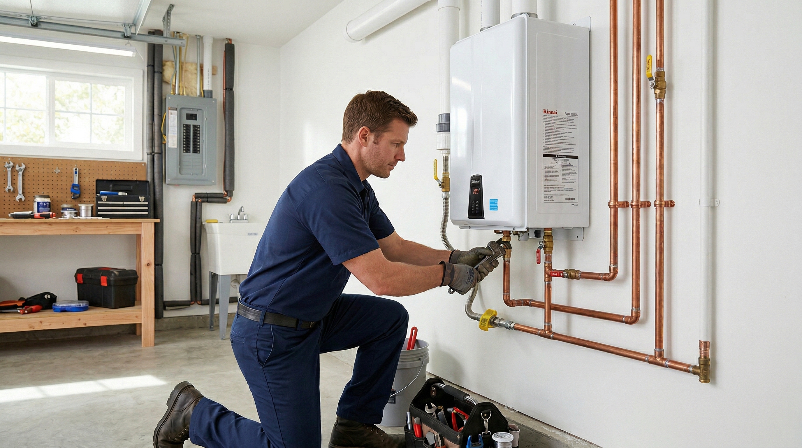 A technician installing a modern tankless water heater in a San Diego home.
